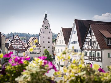 Aussicht vom Rathaus auf die Monheimer Wahrzeichen - Der Obere Torturm mit den Moserhäusern