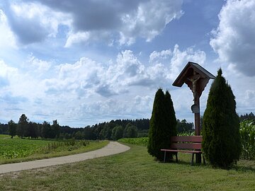 Wegkreuz auf dem Weg Monheimer Alb 4 Blick auf ein idyllisches Fleckchen - ein Wegkreuz mit Holzbank davor - im Hintergrund sieht man den Wald.