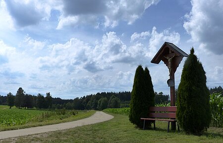 Blick auf ein idyllisches Fleckchen - ein Wegkreuz mit Holzbank davor - im Hintergrund sieht man den Wald.