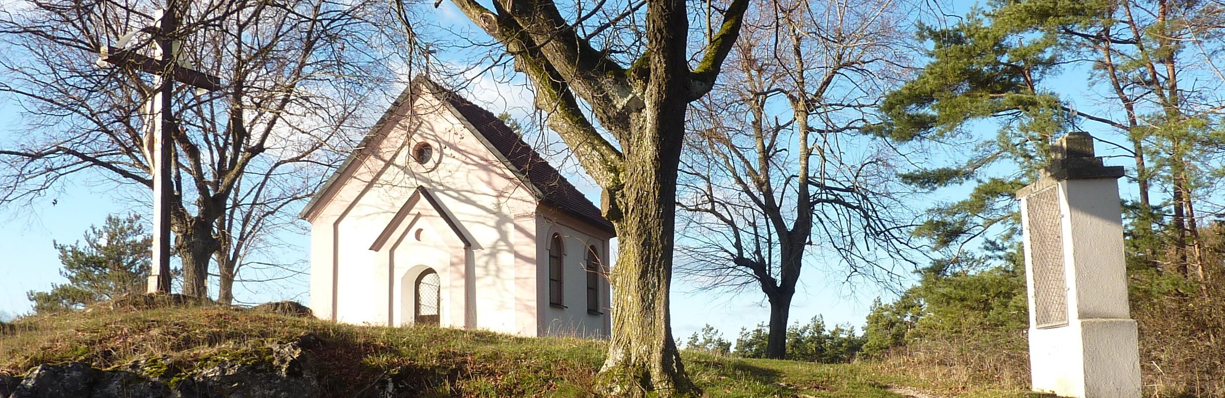 Blick auf die zwischen Bäumen liegende Kapelle am Kalvarienberg in Gosheim.