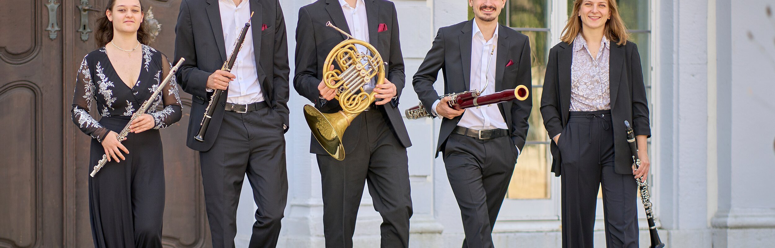 19.09.2024, Rheinland-Pfalz, Neuwied-Engers: Ensemble Quinton 09/2024 - Das Ensemble Quinton ist ein junges und talentiertes Bläserquintett, das 2020 gegründet wurde und bereits beachtliche Erfolge verzeichnen konnte. Seit 2023 ist das Ensemble Quinton zudem Stipendiaten-Ensemble der Villa Musica Rheinland-Pfalz. Foto: Sascha Ditscher.de