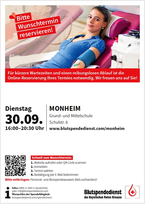 Der nächste Blutspende-Termin in Monheim findet am 30.09.2025 in der Grund- und Mittelschule Monheim statt.
