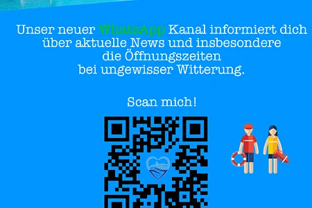 Außenansicht eines Freibads mit Rutsche und Becken. Text informiert über WhatsApp-Kanal für Neuigkeiten und Öffnungszeiten.