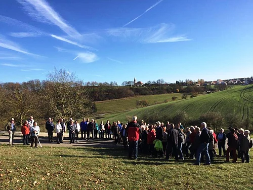 Eine Gruppe von Senioren wandert in der Monheimer Alb. Es stehen Menschen auf einem Weg in einer ländlichen Landschaft unter klarem Himmel.