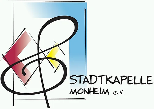 Logo der Stadtkapelle Monheim e.V. mit stilisiertem Notenschlüssel und geometrischen Formen in Rot, Gelb und Blau.