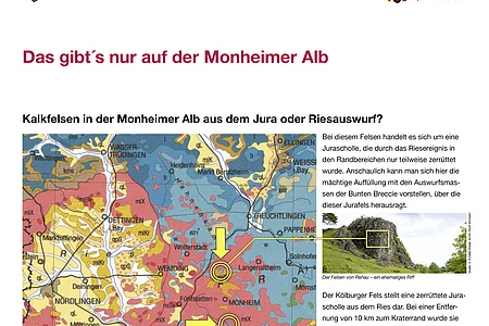 Eine Informationstafel über die Monheimer Alb mit Karten, Texten und Bildern zu Kalkfelsen und Dolinen. Oben rechts im Eck das Logo der Stadt Monheim, oben links das Logo der Monheimer Alb.