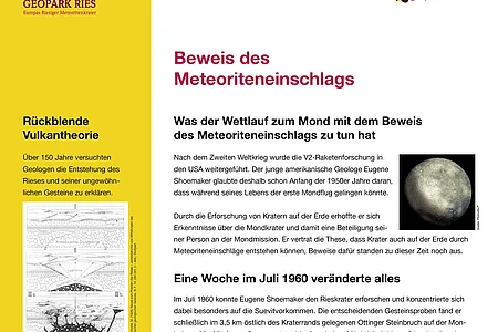 Eine Informationstafel über den Meteoritenkrater Geopark Ries. Es behandelt die Vulkantheorie, den Beweis des Meteoriteneinschlags und das Mineral Coesit. Enthält Karten und Bilder. Oben rechts im Eck das Logo der Stadt Monheim, oben links das Logo vom Geopark Ries.