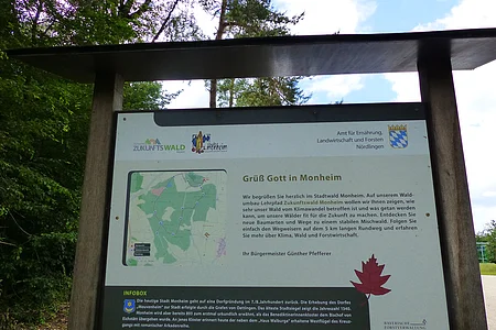 Themenpfad Zukunftswald Monheim - Grüß Gott in Monheim Ein überdachtes Informationsschild aus Holz im Wald mit Text über den Stadtwald Monheim und einer Karte des Waldgebiets.