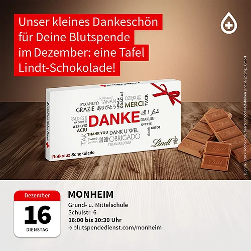 Blutspendetermin in Monheim 16.12.2025 Blutspende-Werbung mit Lindt-Schokolade als Dankeschön, Termin am 16. Dezember in Monheim.