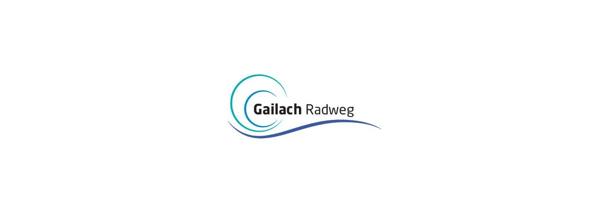 Logo mit einer blauen Wellenlinie, darauf zwei hellblaue offene Kreisen links und rechts davon der Schriftzug „Gailach Radweg“ in schwarz. Alles auf weißem Hintergrund.