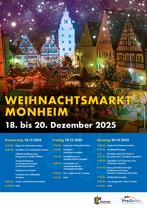 Weihnachtsmarkt Monheim 18. bis 20. Dezember 2025 Weihnachtsmarkt in Monheim mit festlich beleuchteten Fachwerkhäusern und Veranstaltungsterminen vom 18. bis 20. Dezember 2025