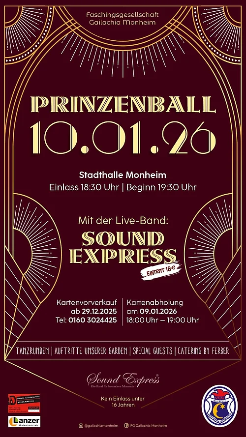 FG Gailachia Prinzenball 10.01.2026 Plakat für Prinzenball der FG Gailachia am 10.01.2026 in Stadthalle Monheim mit Live-Band Sound Express, Einlass 18:30 Uhr, Beginn 19:30 Uhr.