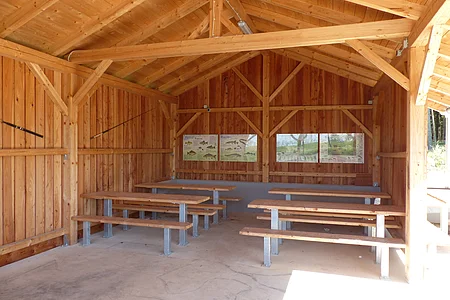 Überdachte Holzhütte mit Holzbänken und Tischen links und rechts an der Wand, an der Rückwand Infotafeln mit Fischabbildungen zu heimischen Fischarten angebracht.