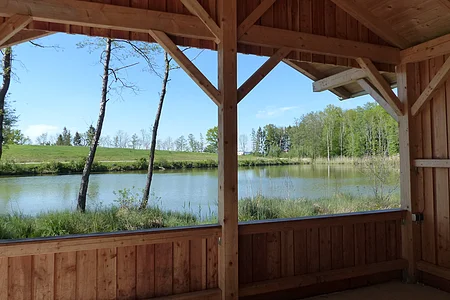 Blick von einer braunen Holzhütte auf einen Teich umgeben von Bäumen und Wiese unter blauem Himmel.