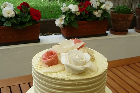 Zweistufige weiße Hochzeitstorte mit Rosen aus Zuckerguss verziert steht auf einem Holztisch im Garten. Im Hintergrund bepflanzte Blumentöpfe und grüne Wiese.