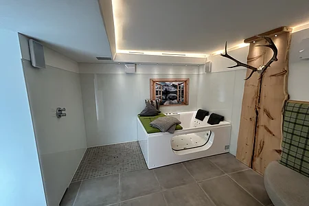 Moderner Wellnessraum mit Whirlpool, Duschbereich, Hirschgeweih an Holzwand und Landschaftsbild an der Wand