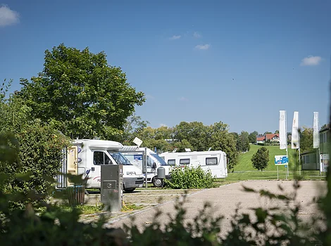 Wohnmobile auf einem Stellplatz neben Bäumen und Wiesen unter blauem Himmel an einem sonnigen Tag