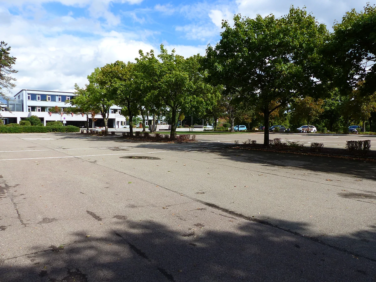 Großer leerer Parkplatz mit Bäumen und einem Gebäude mit Flachdach im Hintergrund unter blauem Himmel.
