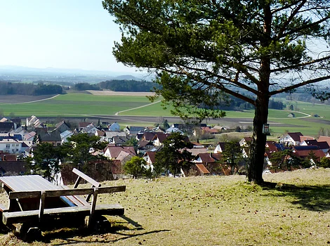 Picknickplatz mit Holztisch und Bänken unter Baum auf Hügel mit Blick auf Dorf und Felder bei klarem Himmel