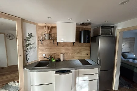 Kleine moderne Küche mit Spüle, Herd, Kühlschrank, Holzrückwand und offenem Durchgang zum Schlafzimmer