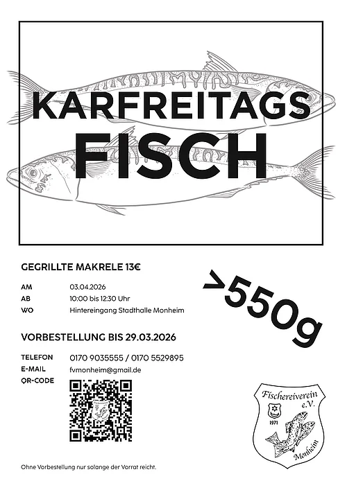 Karfreitags Fischverkauf 03.04.2026 Schwarze Zeichnung von zwei Fischen mit Text „Karfreitags Fisch“ und Infos zu gegrillter Makrele am 03.04.2026 in Monheim.