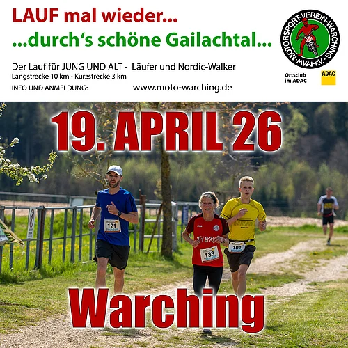 Läufer auf einem Waldweg, Ankündigung Laufveranstaltung am 19. April 2026 in Warching - Jedermannslauf 2026