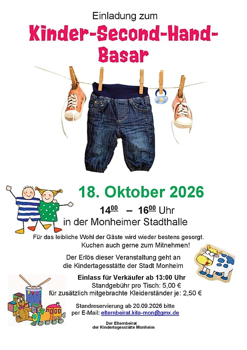 Einladung zum Kinder-Second-Hand-Basar am 18. Oktober 2026 von 14 bis 16 Uhr in der Monheimer Stadthalle. In der unteren Hälfe Text mit allen Informationen zur Veranstaltung außenrum mit Kindermotiven gestaltet. Darüber in der Mitte das Bild einer Wäscheleine mit einer Kinderhose und einem Paar Kinderschuhen. Alles auf weißem Hintergrund.