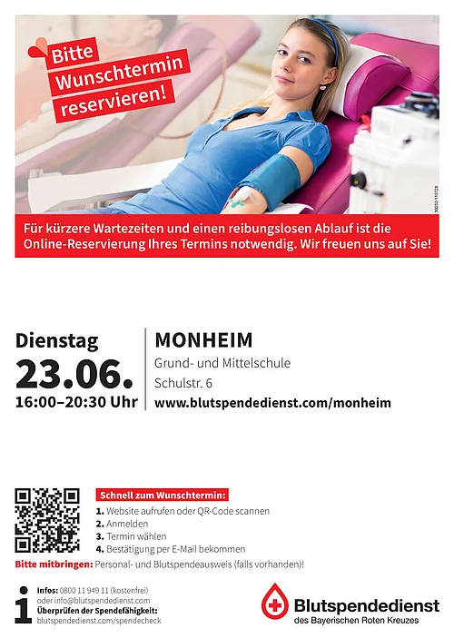Plakat mit dem Termin zur Blutspende in Monheim am 23.06.2026 von 16 bis 20:30 Uhr, in der Grund- und Mittelschule Monheim, Frau liegt auf Liege und spendet Blut, Text zu Terminreservierung und Blutspendetermin in Monheim.