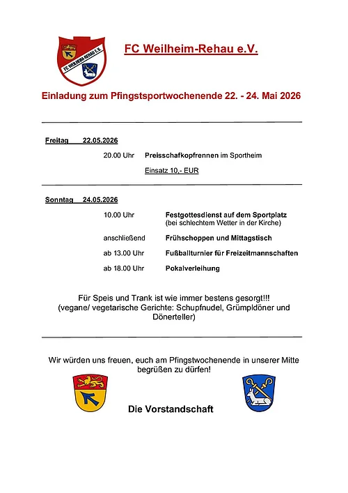 Einladung zum Pfingstsportwochenende 22. bis 24. Mai 2026 des FC Weilheim-Rehau mit Programm und Speisenhinweis.