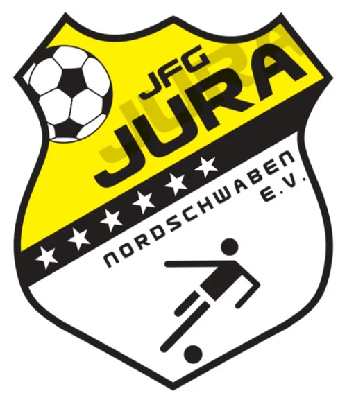 JFG JURA Nordschwaben e.V. Logo Logo des Fußballvereins JFG Jura Nordschwaben e.V. mit einem Fußball links im Wappen neben dem Schriftzug "JFG JURA" und schwarzer Spieler-Silhouette unten auf weißem Hintergrund. Dazwischen ein schwarzer Balken mit vier weißen Sternen darunter und dem Text "Nordschwaben e.V.".
