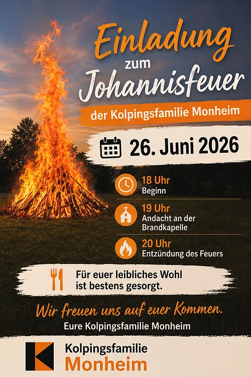 Johannisfeuer 2026 der Kolpingsfamilie Einladung zum Johannisfeuer der Kolpingsfamilie Monheim am 26. Juni 2026 mit Zeitplan und Veranstaltungsdetails. Ein großer brennender Scheiterhaufen.