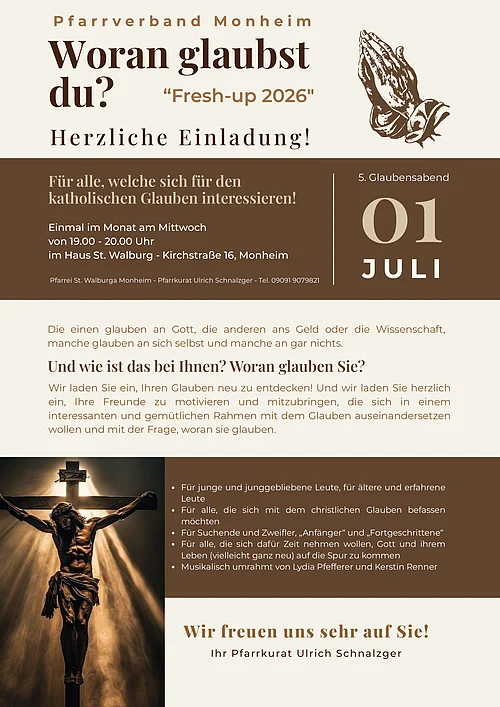 Flyer mit Einladung zum Glaubensabend am 1. Juli 2026 im Haus St. Walburg Monheim, mit Bild von Jesus am Kreuz und betenden Händen.