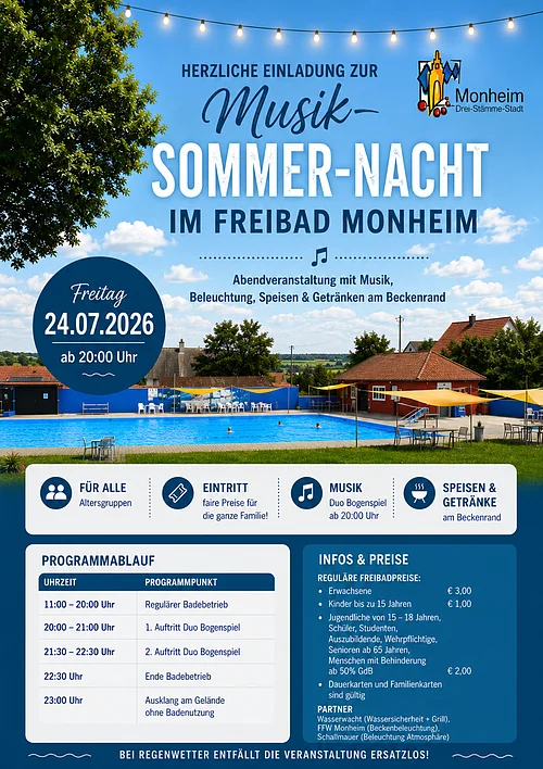 Schwimmbad mit Pool, Bäumen und Sitzbereichen unter blauem Himmel, Text zur Musik-Sommer-Nacht am 24.07.2026 in Monheim