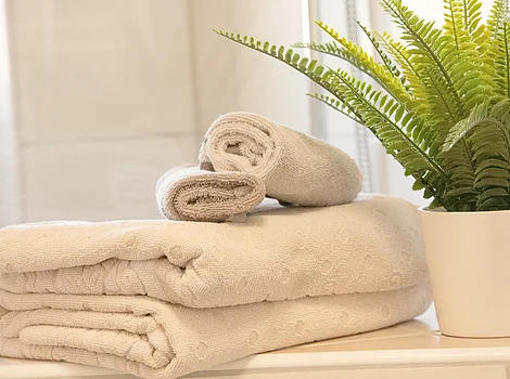 Gemütliche Ferienwohnung Monheim Zwei gefaltete Handtücher und zwei gerollte Handtücher neben einem grünen Farn in weißem Blumentopf.
