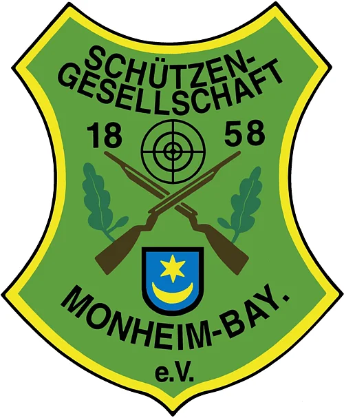 Logo Schützengesellschaft 1858 Monheim e.V. Grünes Wappen mit gelbem Rand, von der Schützengesellschaft Monheim aus Bayern. Auf dem Wappen sind zwei Gewehre, eine Zielscheibe und Eichenblätter. Ebenso steht auf dem Wappen Schützengesellschaft Monheim-Bayern e.V. und das Gründungsjahr 1858.