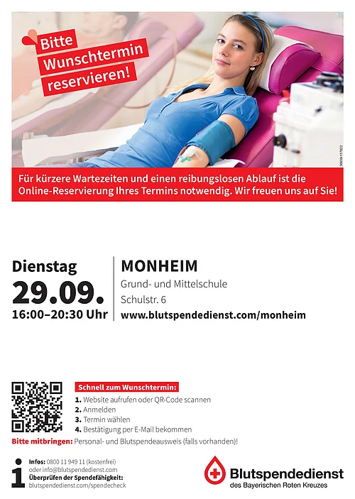 Frau liegt auf Blutspendestation, Arm mit Blutdruckmanschette, Text zur Terminreservierung und Blutspendetermin in Monheim am 29.09. von 16 bis 20:30 Uhr.