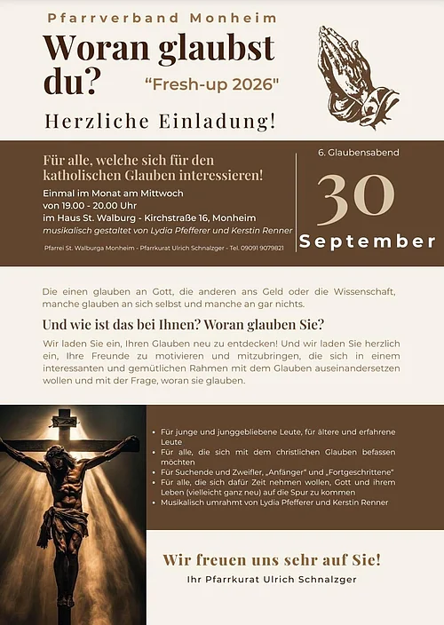 Einladung zum Glaubensabend am 30. September 2026 in Monheim mit Bild einer Kreuzigungsszene und betenden Händen.
