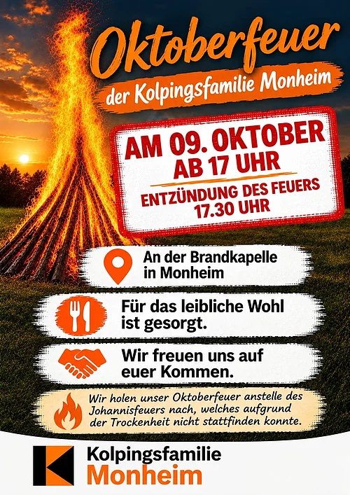 Kolping Oktoberfeuer 09.10.2026 Oktoberfeuer der Kolpingsfamilie Monheim am 09. Oktober ab 17 Uhr an der Brandkapelle in Monheim. Auf dem Plakat das Kolpinglogo, ein großes Feuer und die Einladung zum Oktobefeuer