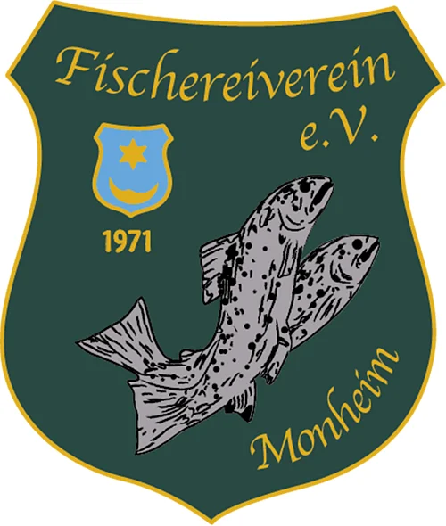 Logo Fischereiverein Monheim Wappen des Fischereivereins Monheim mit zwei grauen Fischen, einem blauen Wappen und der Jahreszahl 1971 darunter, auf einem dunkel grünen Hintergrund.