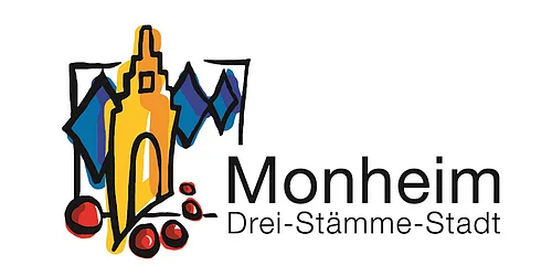 Logo der Drei-Stämme-Stadt Monheim Logo der Stadt Monheim mit stilisiertem gelben Gebäude auf der linken Seite, blauen Rauten hinter dem Gebäude und roten Kreisen darunter. Text: "Monheim Drei-Stämme-Stadt" rechts neben der Zeichnung des Gebäudes. Weißer Hintergrund