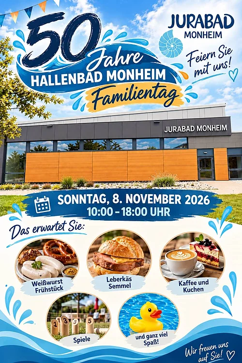 Gebäude von Jurabad Monheim mit Werbung für 50 Jahre Hallenbad Monheim Familientag am 8. November 2026.